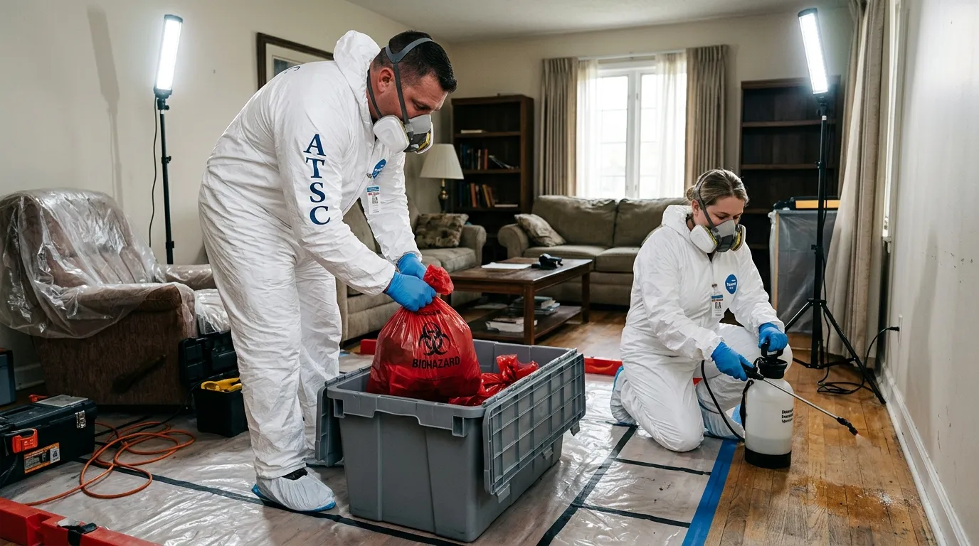 Professional Biohazard Cleanup technician in full PPE working in Dongan Hills